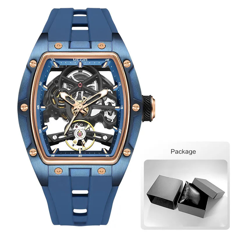 Montre-bracelet MEGIR pour hommes, mode, noire, étanche, mécanique automatique, avec aiguilles lumineuses, bracelet en silicone, cadran tonneau 2242