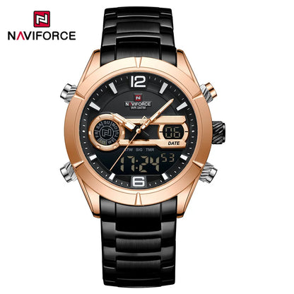 Montre de sport militaire de luxe NAVIFORCE pour hommes, lumineuse, étanche, bracelet en acier, affichage double numérique à quartz, montre-bracelet masculine.