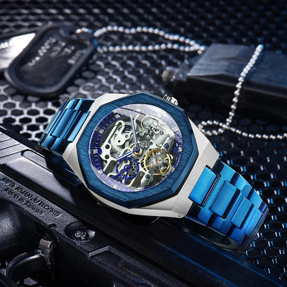 Montre mécanique automatique décontractée Forsining pour hommes, aiguilles lumineuses, bracelet en acier inoxydable, montres squelettes de luxe à la mode pour hommes