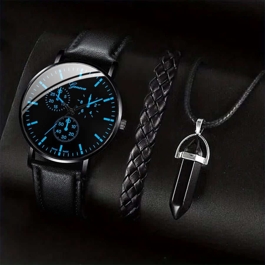 3PCS/Set Montres Business Homme Bracelet Cuir Décontracté Analogique Montre Quartz Homme Collier Bracelet Set
