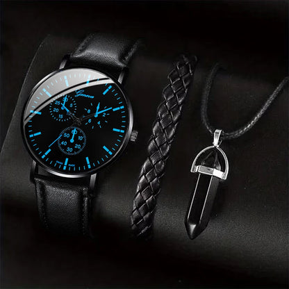 3PCS/Set Montres Business Homme Bracelet Cuir Décontracté Analogique Montre Quartz Homme Collier Bracelet Set