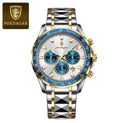 POEDAGAR Montre Homme Luxe Étanche Lumineuse en Acier Inoxydable Montre Chronographe à Quartz avec Date pour Homme d'Affaires
