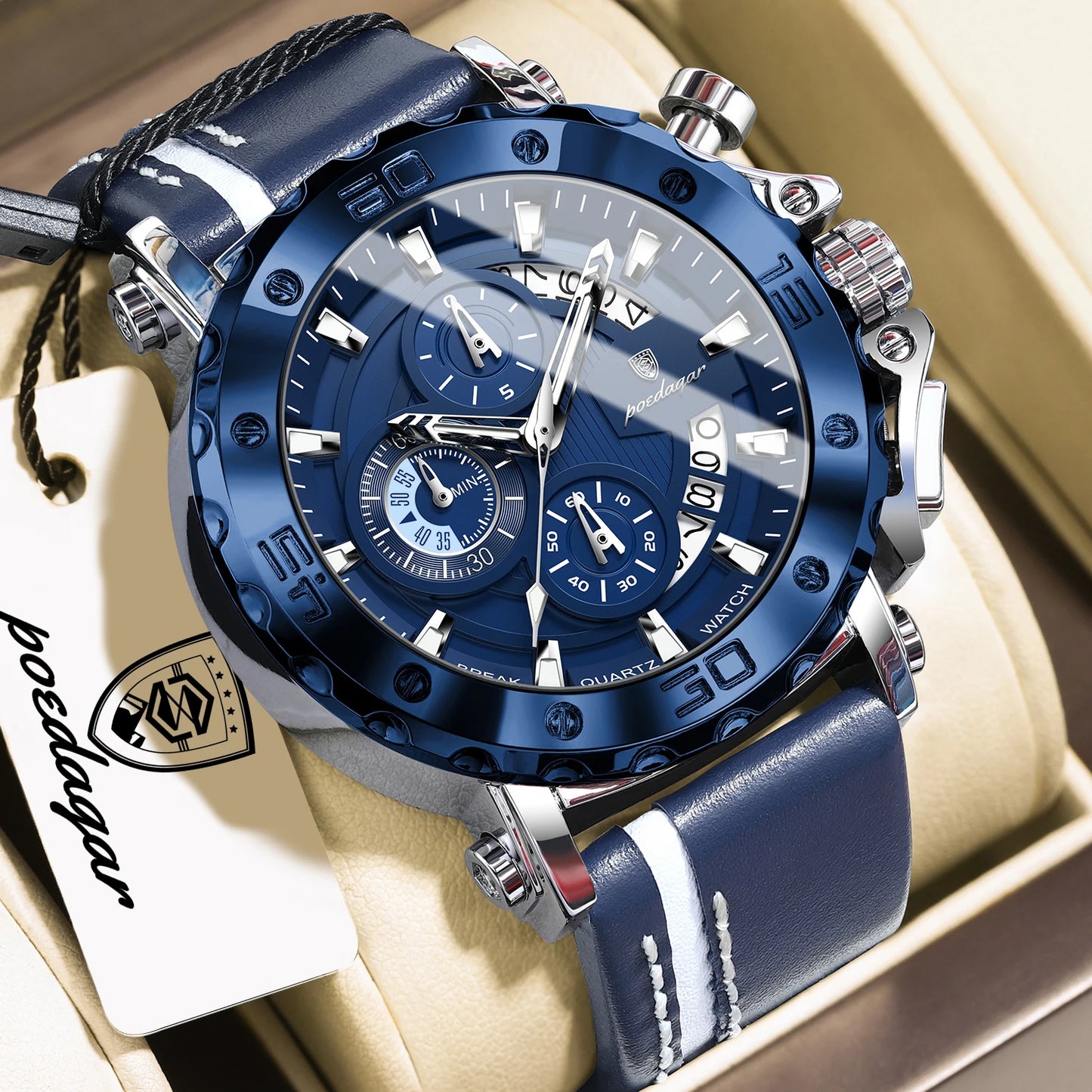 POEDAGAR Montres originales pour homme étanches lumineuses, date, mode, horloge masculine, chronographe, bracelet en cuir, montre-bracelet à quartz pour homme