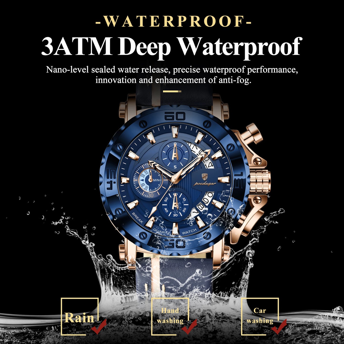 POEDAGAR Montres originales pour homme étanches lumineuses, date, mode, horloge masculine, chronographe, bracelet en cuir, montre-bracelet à quartz pour homme