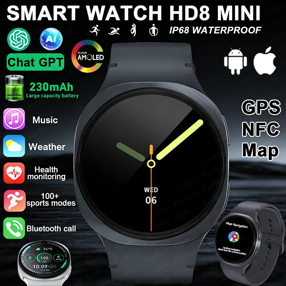 2026 New Watches 8 Mini GPS Track Smart Watch For Men Women Health Sports AMOLED Heart Rate Bluetooth Call Waterproof Smartwatch