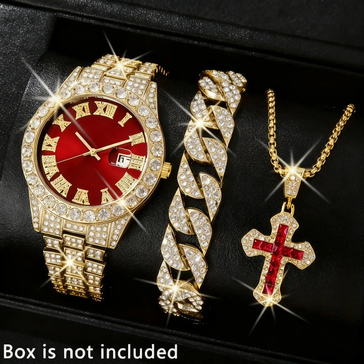 3 montres de luxe pour homme, bracelet, collier, ensemble, mode Hip Pop, montres à quartz avec calendrier pour homme, Reloj Mujer (sans boîte)