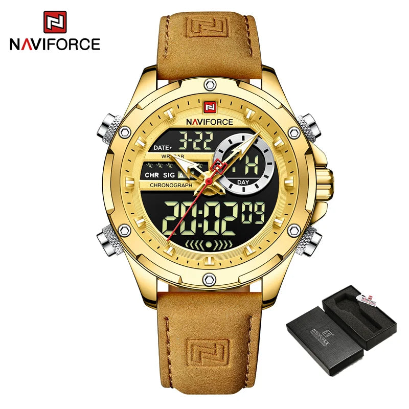 Montres originales Naviforce pour hommes 2022 Montre-bracelet pour hommes de luxe, sport et étanche avec bracelet en cuir et double affichage du calendrier