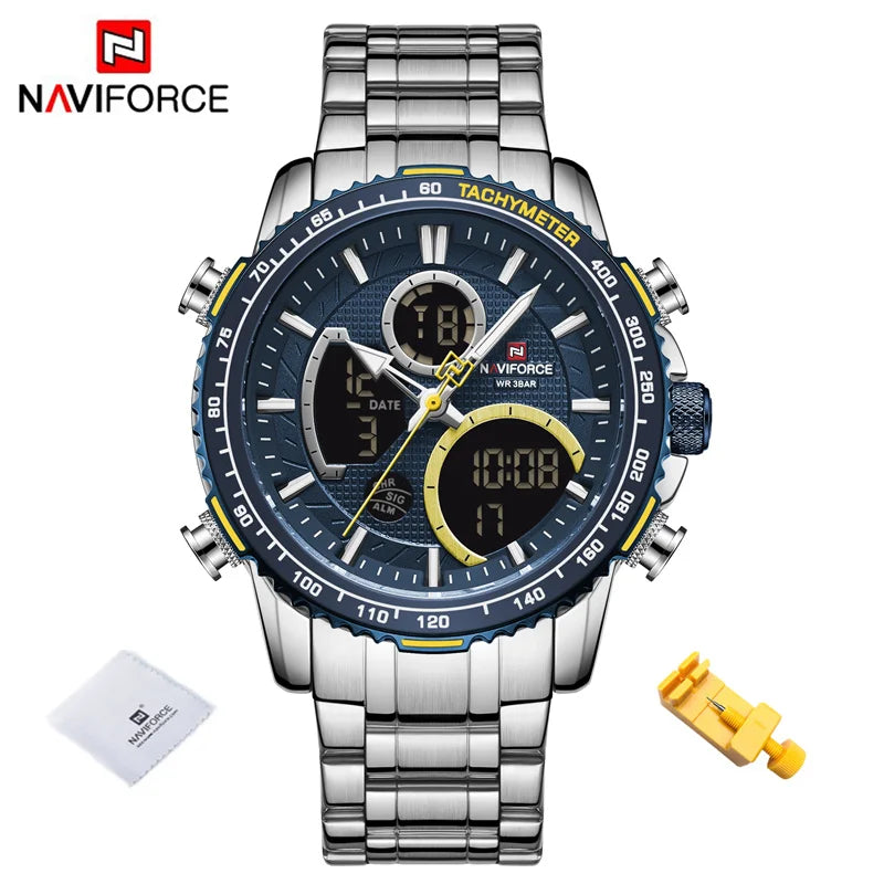 NAVIFORCE Montre Homme Tendance Marque de Luxe Sport Chronographe à Quartz Étanche Militaire en Acier Inoxydable
