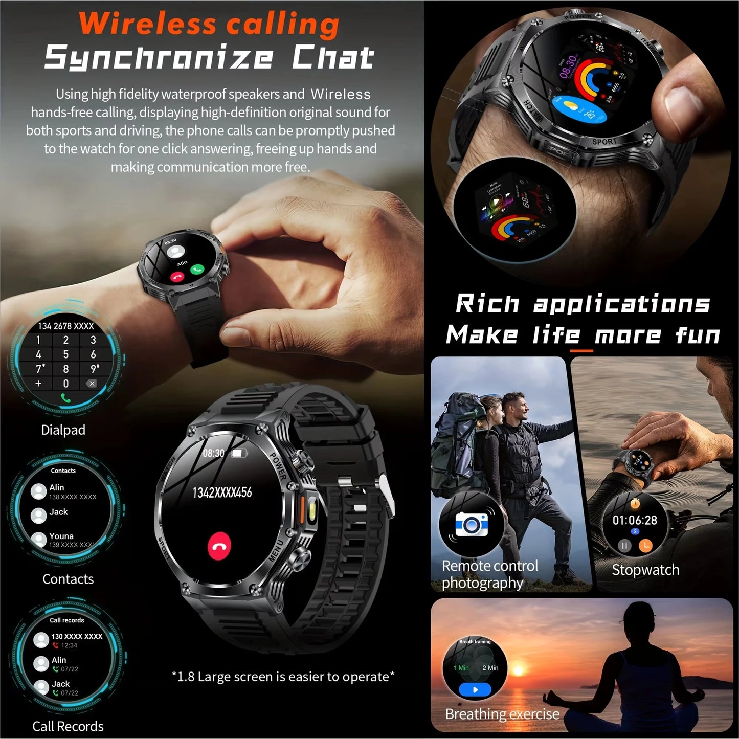 Nouvelle montre intelligente de sport robuste d'extérieur, écran HD 1,8" 390*390, batterie longue durée 800 mAh, suivi de la condition physique, calories, distance.