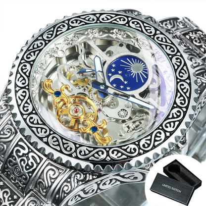 Montre Mécanique Squelette de Luxe Forsining Or Phase de Lune Rétro Gravée Lumineuse Tourbillon Automatique pour Homme Bracelet en Acier
