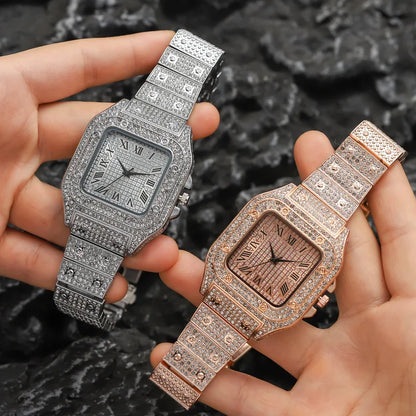 Montre-bracelet à quartz classique de luxe pour hommes avec bracelet en acier, cadran carré à chiffres romains et strass, pour hommes, Relogio Masculino