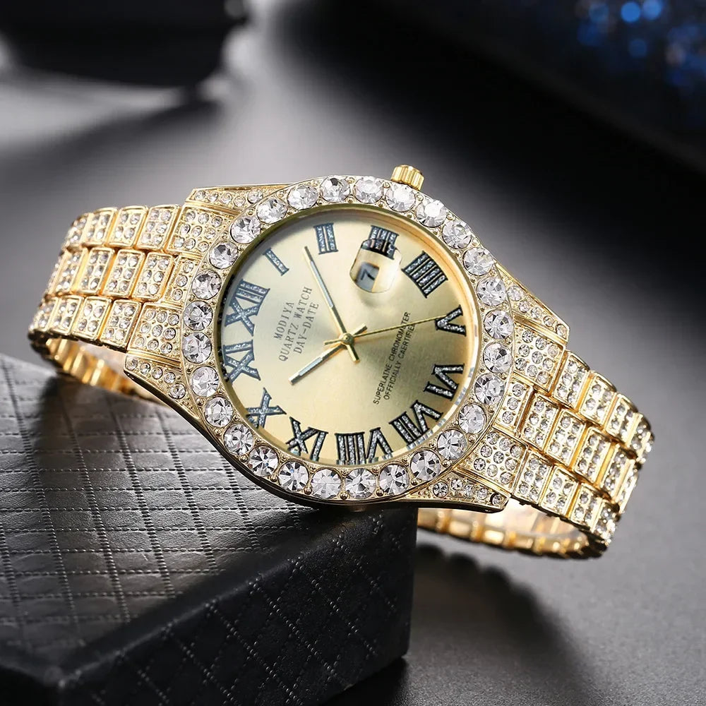 Montre diamant bling homme couleur or vente chaude montre de luxe à quartz montre mâle dropshipping montre-bracelet calendrier strass