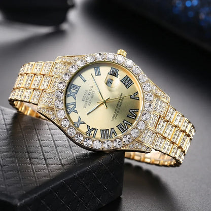 Montre diamant bling homme couleur or vente chaude montre de luxe à quartz montre mâle dropshipping montre-bracelet calendrier strass
