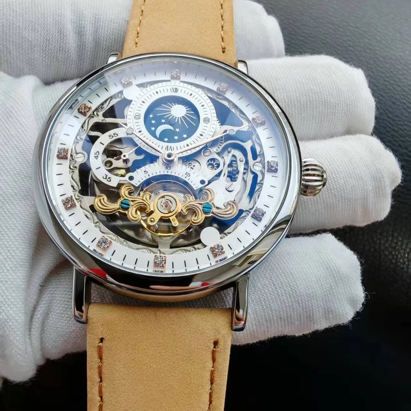 Skeleton Mechanical Watches Men Fashion Wristwatch Male Leather Watchband Man Clock