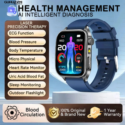Montre Intelligente de Santé 2026 Thérapie Laser Réduction des Trois Hyper (Tension, Glycémie, Lipides) Oxygène Sanguin Pression Acide Urique ECG Montre Connectée pour Homme