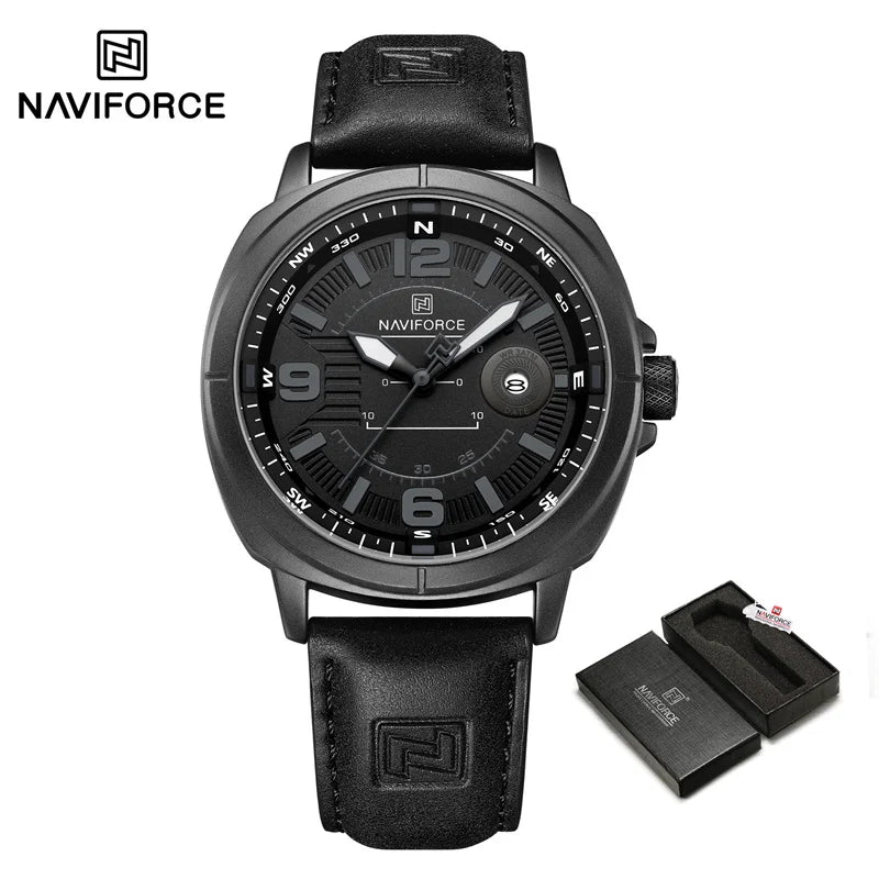 Montres à quartz de mode NAVIFORCE pour hommes, étanches 3ATM, affichage lumineux, cadran boussole classique, bracelet respirant en PU