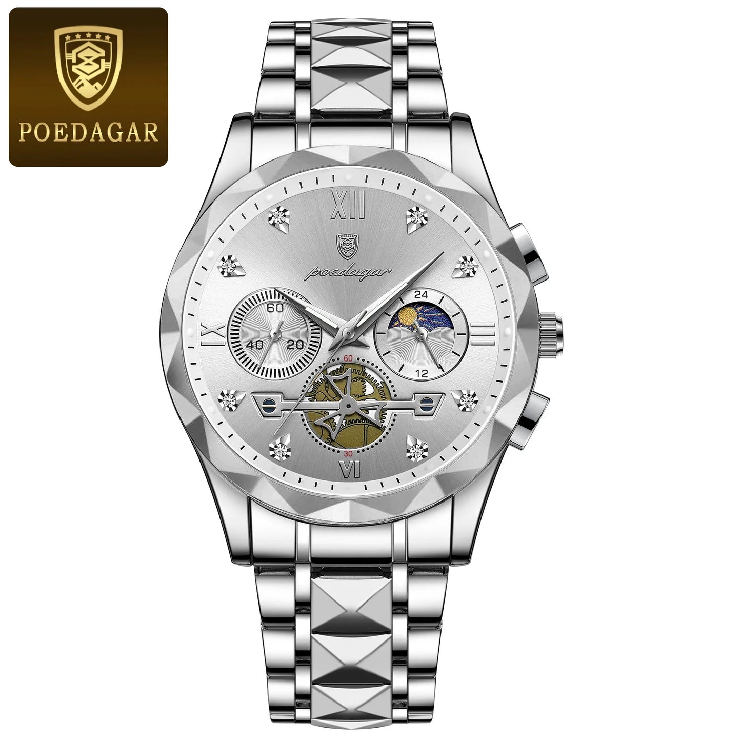 POEDAGAR Montre-bracelet homme de haute qualité en acier inoxydable, chronographe, pour affaires, étanche, lumineuse, à quartz