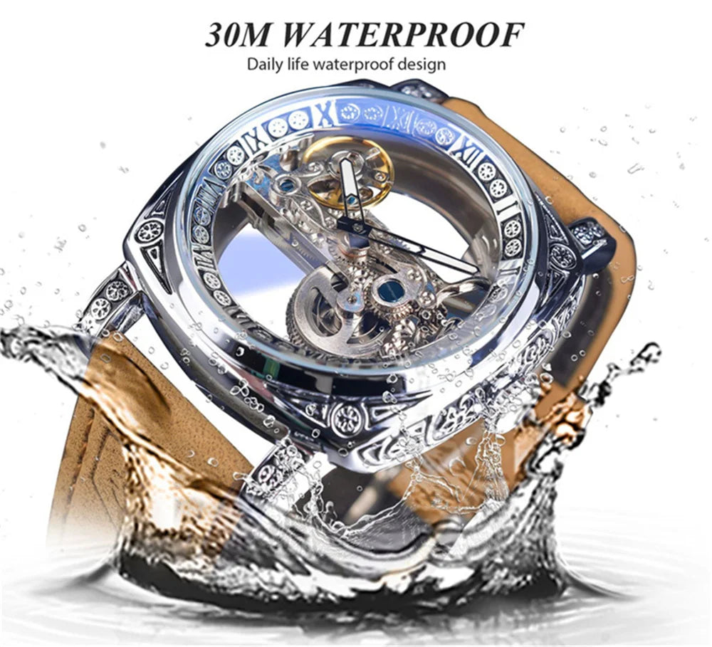 Forsining 403B Montres-bracelets automatiques pour hommes avec cadran squelette argenté et bracelet en cuir marron, cadeau idéal pour une fête