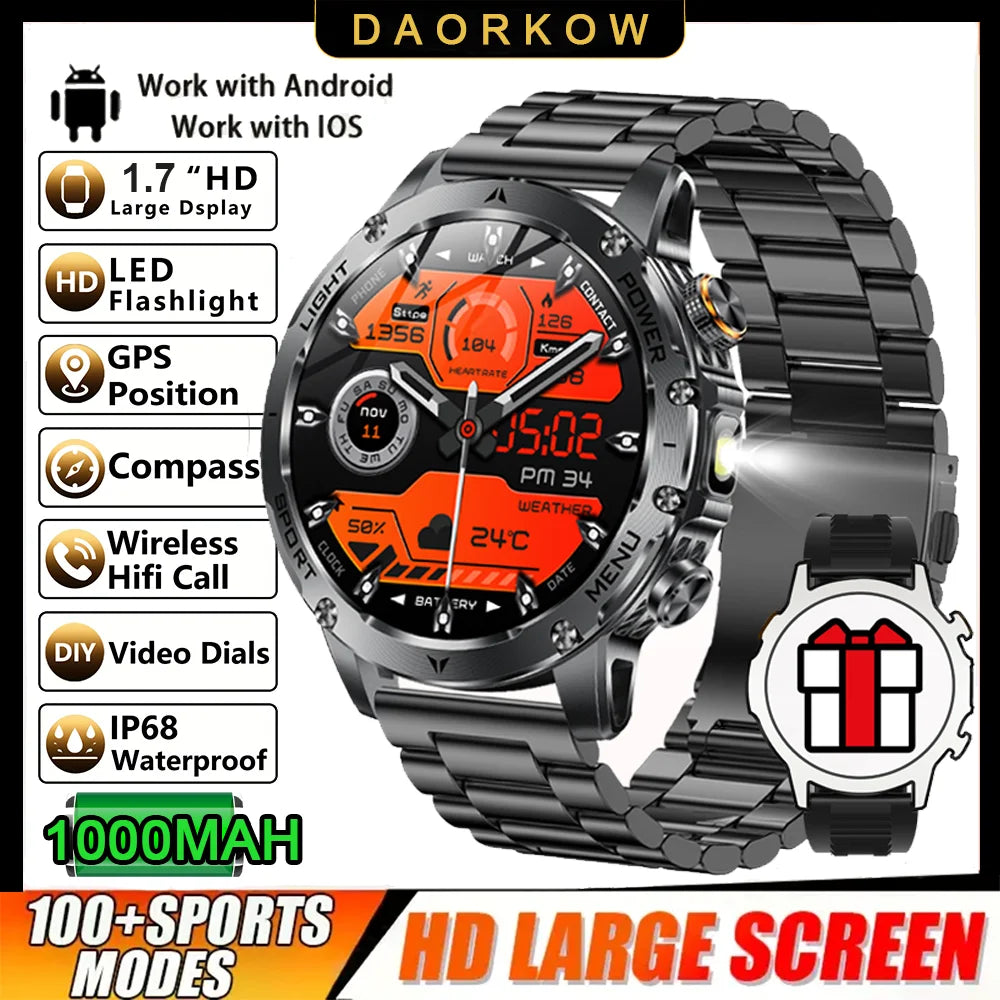 Montre Intelligente de Sport Extérieur GPS 2025 Hommes Écran AMOLED NFC Lampe de Poche Fréquence Cardiaque Étanche Appel Bluetooth 1000mAh SmartWatch