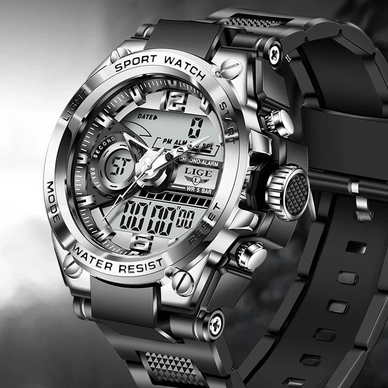 LIGE Digital Military LED Chronograph Watch 50m Relogios Masculino