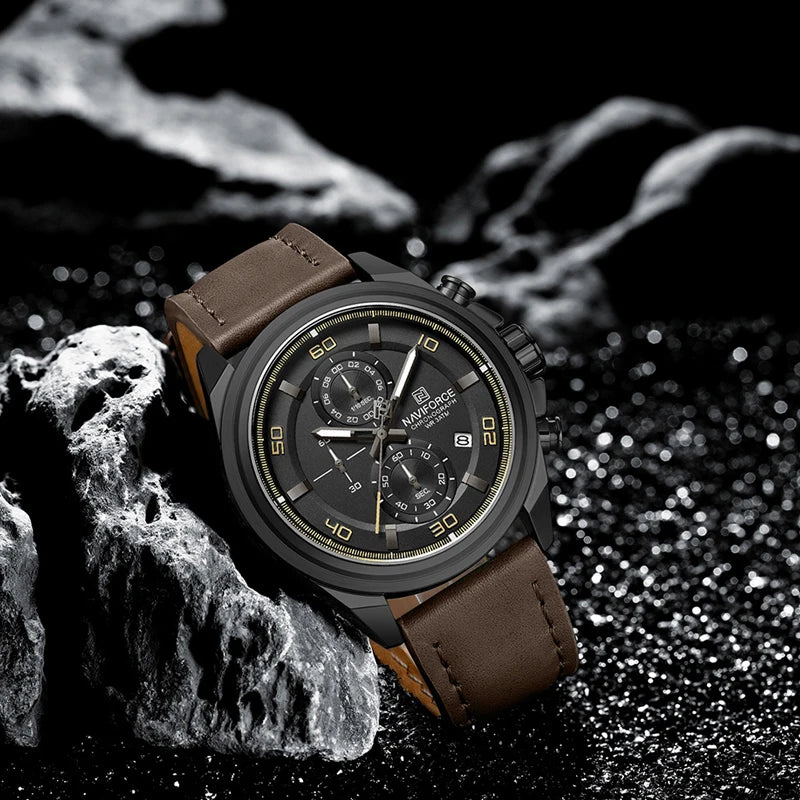 Montre homme décontractée NAVIFORCE Résistante à l'eau 3 ATM, calendrier, cadran lumineux avec bracelet en cuir, cadeau, design original