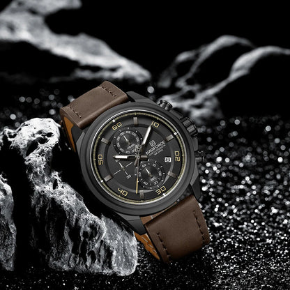 Montre homme décontractée NAVIFORCE Résistante à l'eau 3 ATM, calendrier, cadran lumineux avec bracelet en cuir, cadeau, design original