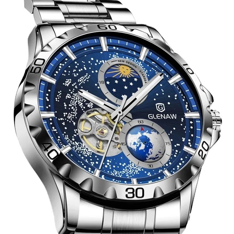 GLENAW mechanical watch with rotating earth dial and starry sky design