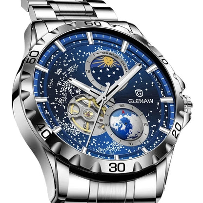 GLENAW mechanical watch with rotating earth dial and starry sky design