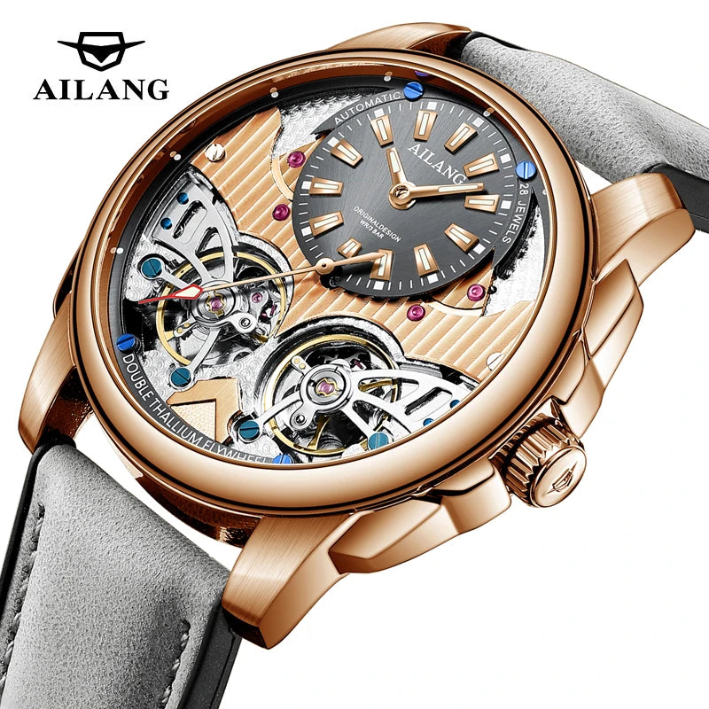 AILANG Business Mechanical Watches Men Top Brand Luxury Leather Waterproof Double Tourbillon Watch For Men Automatic Wristwatch