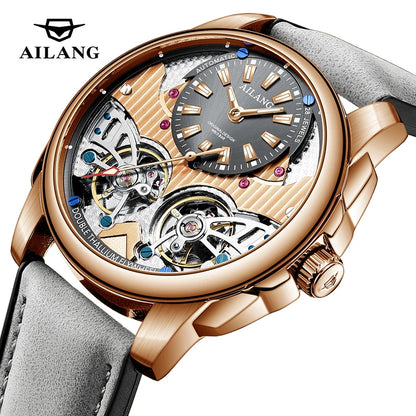 AILANG Business Mechanical Watches Men Top Brand Luxury Leather Waterproof Double Tourbillon Watch For Men Automatic Wristwatch