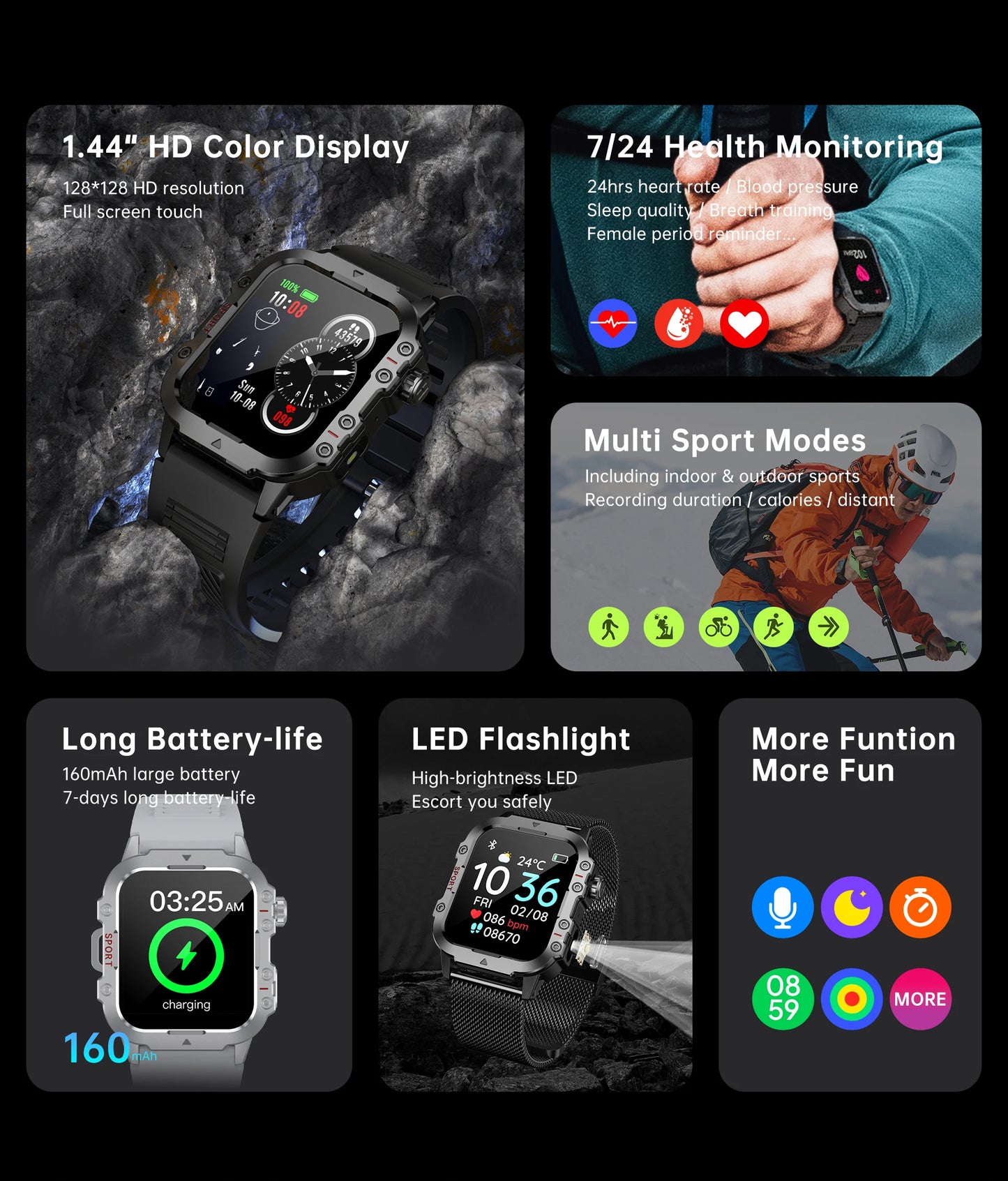 Montre intelligente militaire pour hommes 2026 IP67 3ATM, moniteur de santé de suivi de fitness sportif en extérieur de 1,44 pouce avec appel Bluetooth