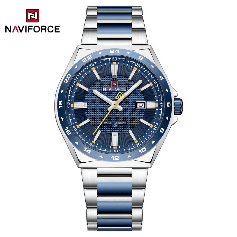 Montres de sport étanches NAVIFORCE 3 ATM pour hommes - Montre-bracelet à quartz de luxe en acier inoxydable avec affichage lumineux de la date