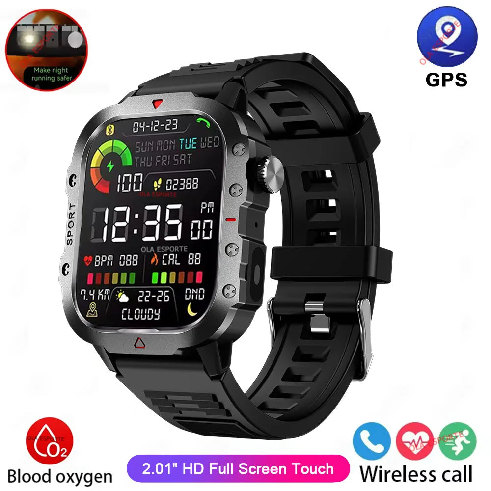 2026 Military Outdoor Smart Watch Men's GPS Flashlight Bluetooth Call 2.01" AMOLED Screen 3ATM Waterproof Sports Smartwatch Hw12