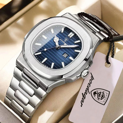 Montre-bracelet de luxe carrée POEDAGAR pour homme, étanche, lumineuse, date, en acier inoxydable, montre à quartz pour homme d'affaires et de sport