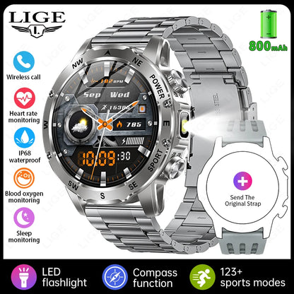 New 2026 Outdoor 800mAh Large Battery Smart Watch Men LED Flashlight Bluetooth Call Compass Sports Fitness Waterproof Smarwatch