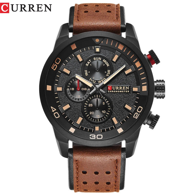 CURREN 8250 Montre Homme Étanche Décontractée à Trois Aiguilles Bracelet en Cuir Respirant