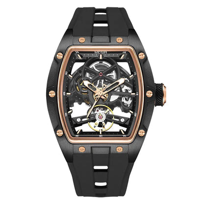 Montre-bracelet MEGIR pour hommes, mode, noire, étanche, mécanique automatique, avec aiguilles lumineuses, bracelet en silicone, cadran tonneau 2242