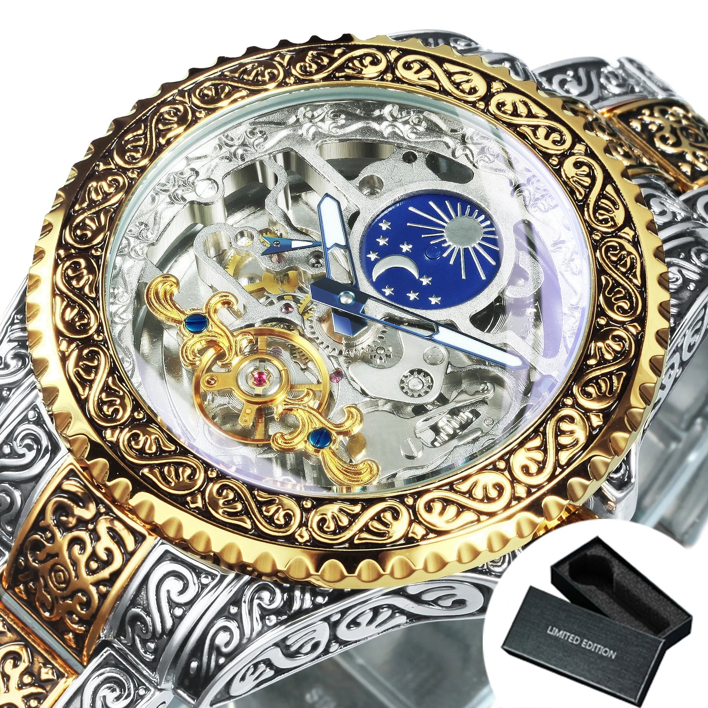 Montre Mécanique Squelette de Luxe Forsining Or Phase de Lune Rétro Gravée Lumineuse Tourbillon Automatique pour Homme Bracelet en Acier