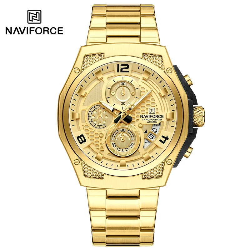 Montres Homme Sport Décontractées Marque NAVIFORCE Chronographe à Quartz Multifonction avec Affichage de la Date Bracelet en Acier Montre-Bracelet Reloj Hombre