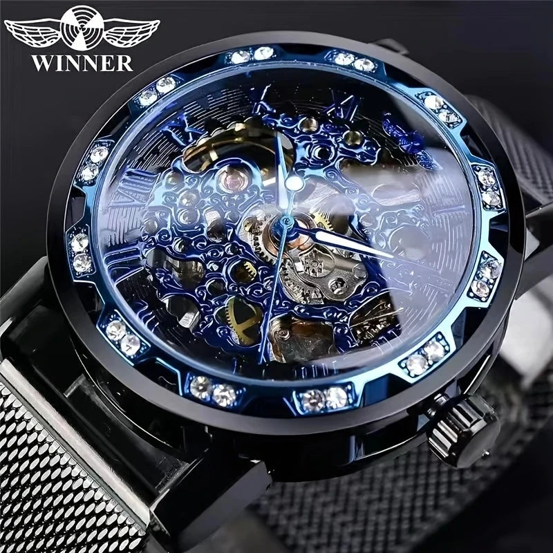 1 Piece of Men's Fashionable Diamond-Encrusted Manual Mechanical Watch, Skeleton Design Mesh Strap Watch, Stylish Casual Versatile Handsome Male Student Wristwatch, High-Value Gift Choice, No Battery Needed