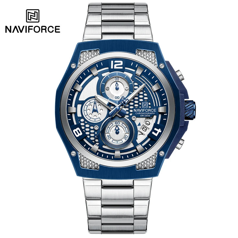 Montres Homme Sport Décontractées Marque NAVIFORCE Chronographe à Quartz Multifonction avec Affichage de la Date Bracelet en Acier Montre-Bracelet Reloj Hombre