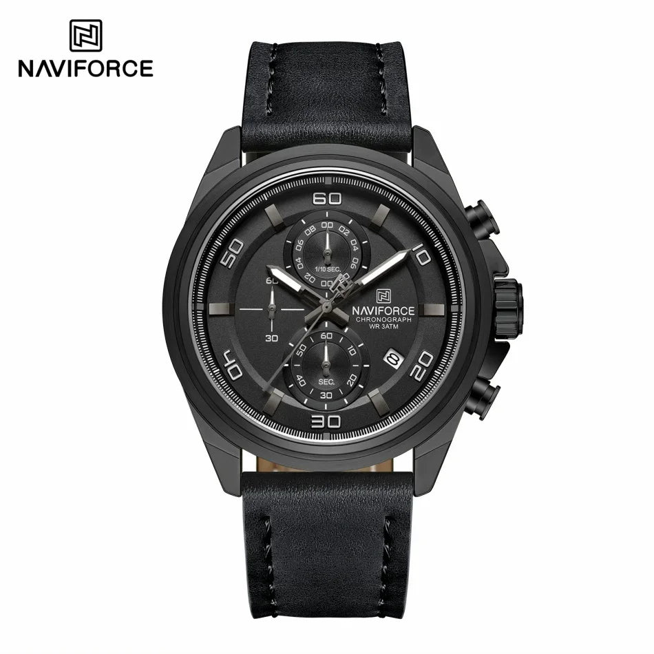 NAVIFORCE Montres Hommes Multifonctions Étanche Montre Quartz Lumineuse de Nuit Montre Bracelet en Cuir Business pour Hommes