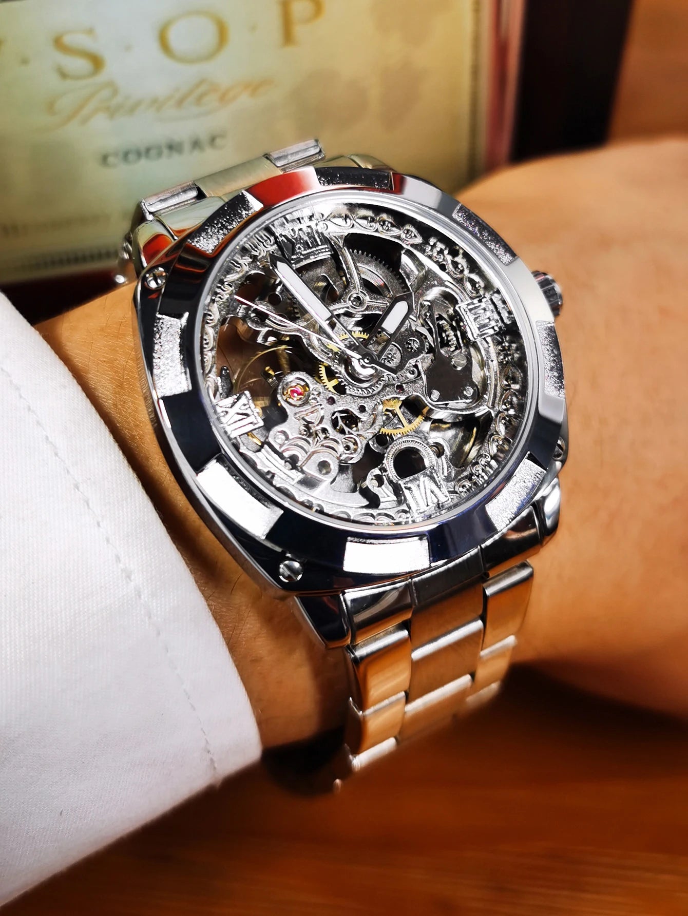 Forsining Montres mécaniques squelettes carrées Mouvement gravé de luxe Montre automatique rétro pour hommes Bracelet en acier Aiguilles lumineuses