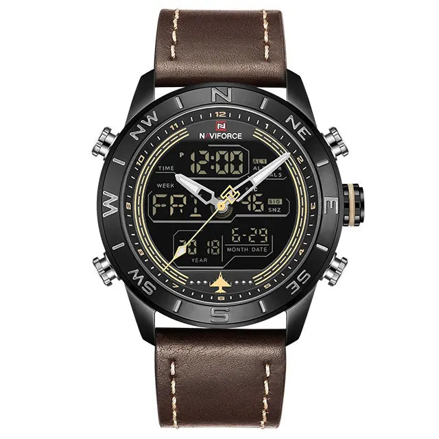 NAVIFORCE – Montre de sport de luxe à quartz pour homme, en cuir véritable, étanche, avec affichage de la date, du jour de la semaine et LED