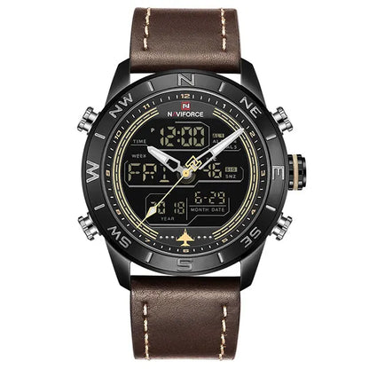 NAVIFORCE – Montre de sport de luxe à quartz pour homme, en cuir véritable, étanche, avec affichage de la date, du jour de la semaine et LED