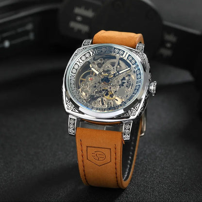 Forsining Royal Retro Skeleton Automatic Mechanical Watch for Men Leather Strap Business Casual Mens Watches Top Brand Gifts New