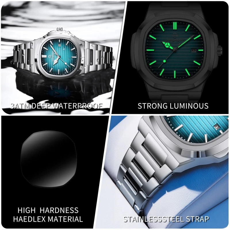 2026 Nouvelle Montre Homme Militaire de Luxe Carrée Étanche Lumineuse Date Semaine Montre Homme en Acier Inoxydable Montre à Quartz Homme Reloj+boîte