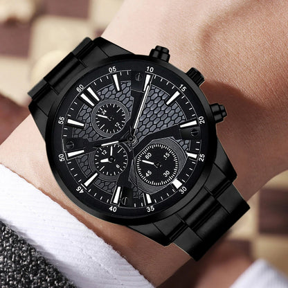 2/4PCS Black Men's Watch Set Business Trend Fashion Quartz Watch Jewelry Set Suitable for Daily Clothing Matching Perfect