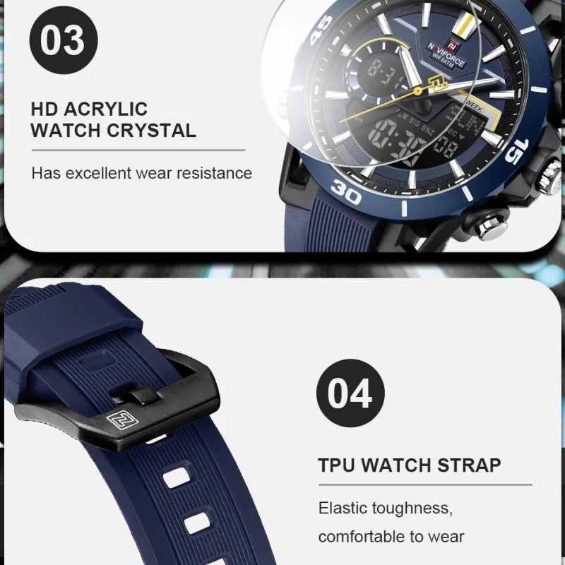 Montre homme décontractée NAVIFORCE de haute qualité, double affichage, sport, étanche, avec compte à rebours, chronographe et réveil, Reloj Hombre