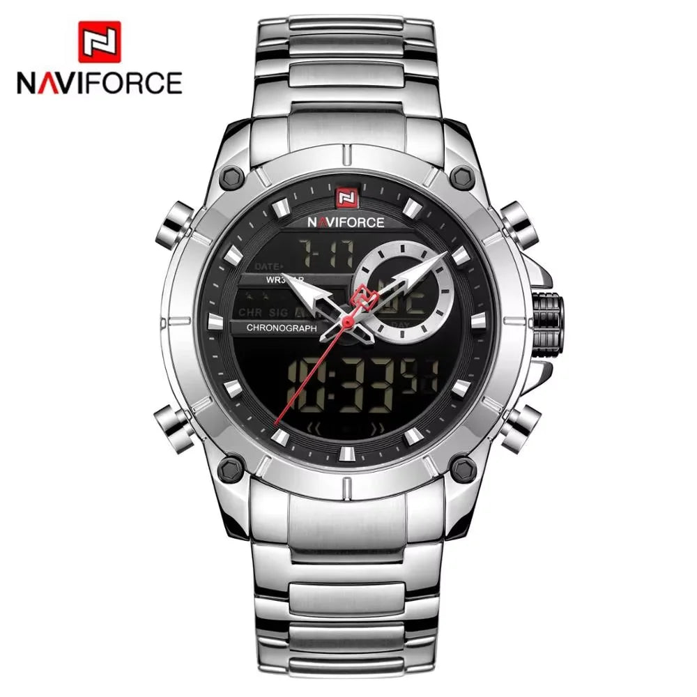 NAVIFORCE 9163 Montre-bracelet de sport de luxe originale pour hommes, mouvement à quartz, étanche en acier, double affichage, montres militaires Relogio Masculino